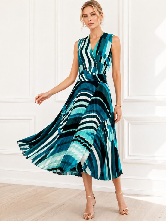 Maison Tara Dresses & Skirts - Maison Tara Pleated Faux Wrap Midi Dress | Blue Teal Abstract Print | Size 8